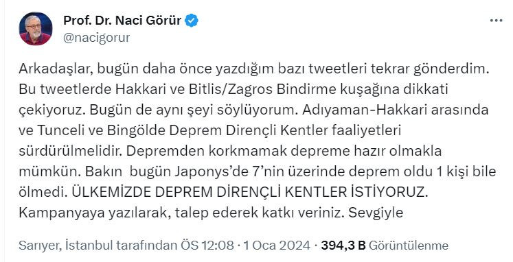 Deprem uzmanı Naci Görür 2024'ün ilk uyarısını yaptı: 5 ile işaret etti