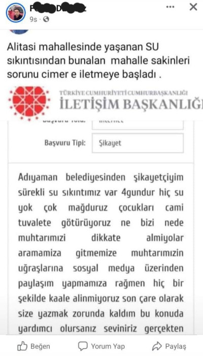 ADIYAMAN BELEDİYESİNDEN ŞİKAYETÇİYİM